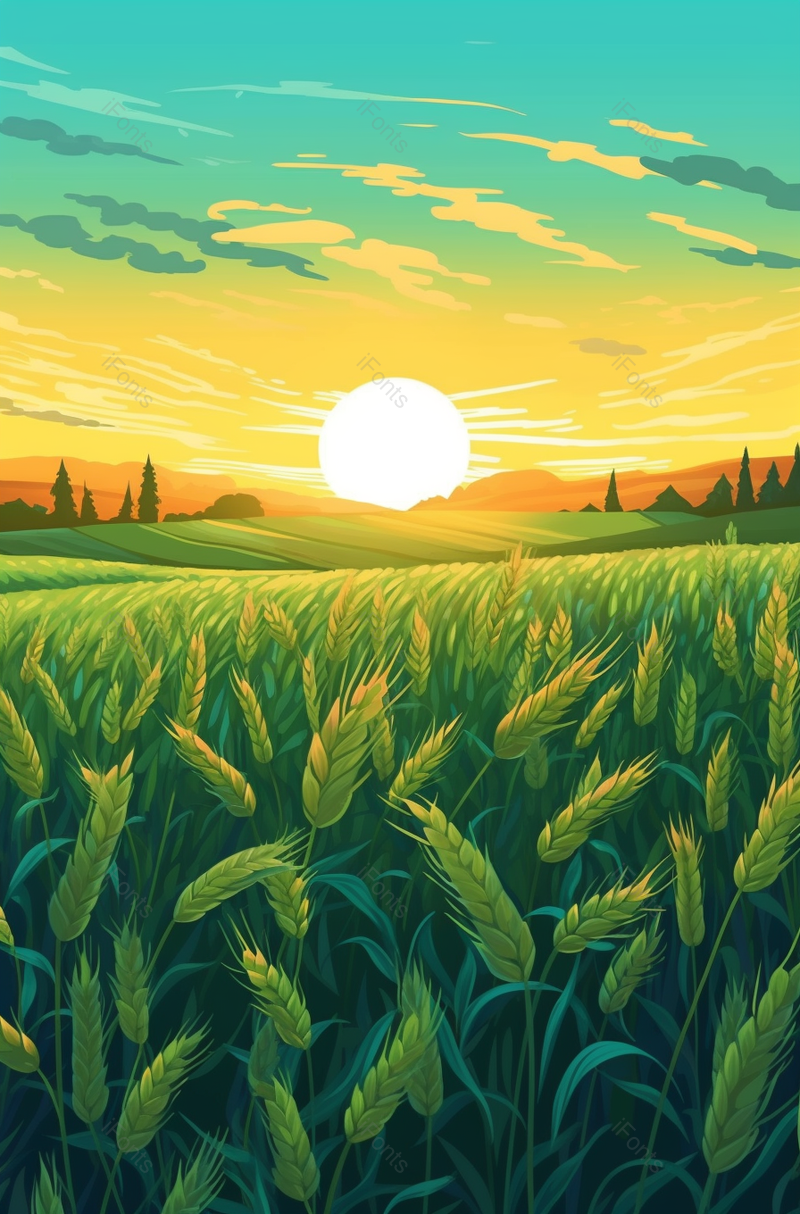 二十四节气小满节气麦穗生长谷物绿色日出日落朝阳夕阳卡通竖版插画,插画/手绘图,插画/手绘图库,插画/手绘图下载,插画/手绘